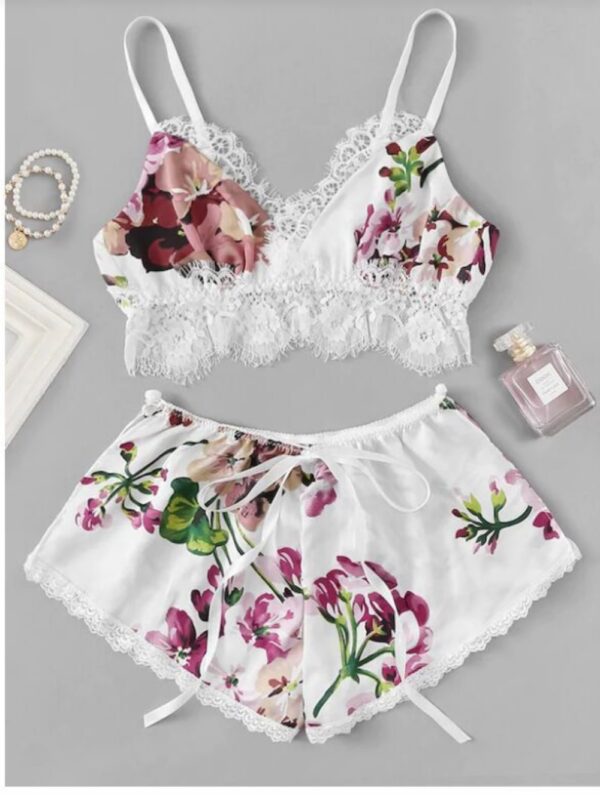 Sexy 2 Piece Floral Bra and Shorts Lingerie Set White