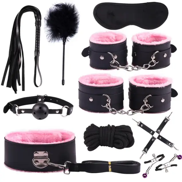 Premium pink‑lined wellness accessories set featuring soft faux‑fur cuffs, blindfold, and comfort tools for couples