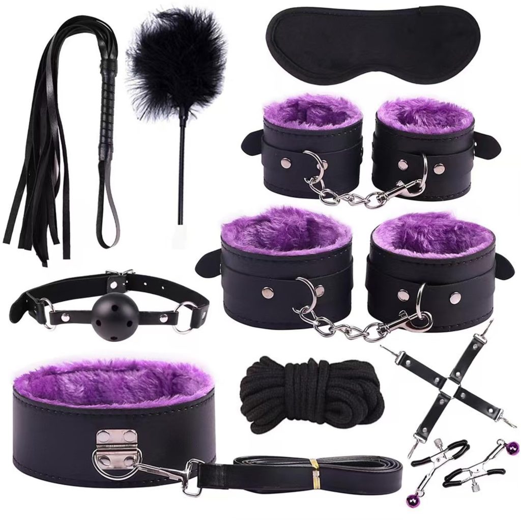 10 pc pink and black bondage kit with padded cuffs, collar, blindfold, rope and feather tickler