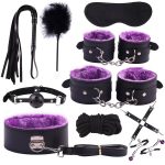 10 pc pink and black bondage kit with padded cuffs, collar, blindfold, rope and feather tickler