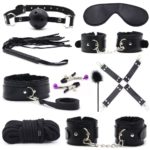 10-piece bondage set including a whip, blindfold, collar and leash, gag ball, hog tie strap, hand and foot restraints, nipple clamps, and rope.
