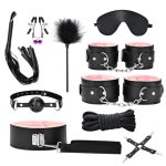 10 pc bondage set in pink and black with cuffs, blindfold, collar, rope and accessories