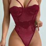 Red Lace Splicing Mesh Bodysuit