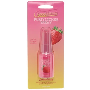 "GoodHead's Pussy Licker Spray in Cotton Candy and Strawberry flavors, displayed in a sleek pump bottle."