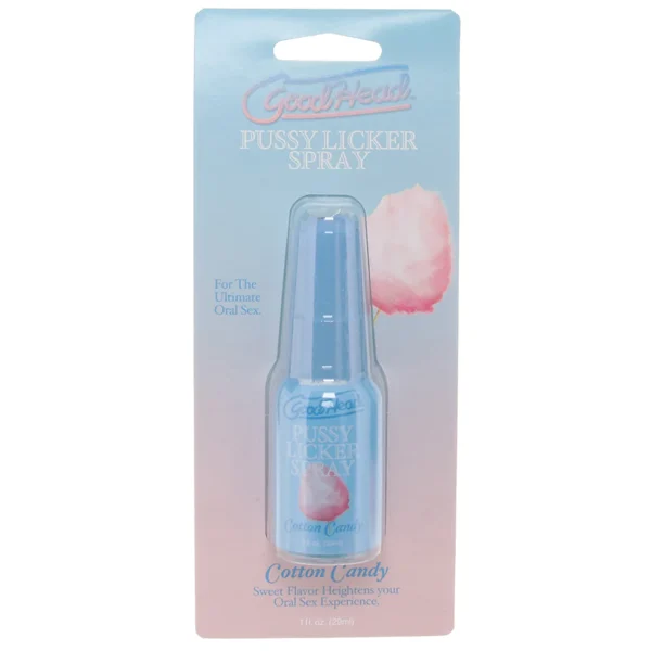 "GoodHead's Pussy Licker Spray in Cotton Candy and Strawberry flavors, displayed in a sleek pump bottle."