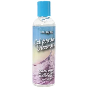 "California Dreamin' Ocean Mist Water-Based Lubricant bottle on a soft blue background."