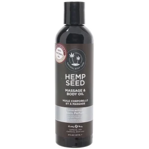 Earthly Body Massage and Body Oil bottle with hemp seed, showcasing a silky, non-scented formula for moisturizing and soothing skin.