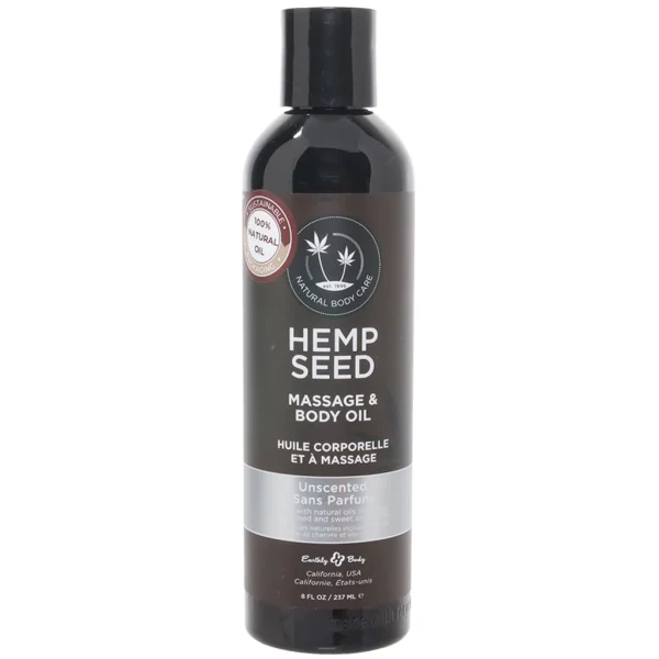 Earthly Body Massage and Body Oil bottle with hemp seed, showcasing a silky, non-scented formula for moisturizing and soothing skin.