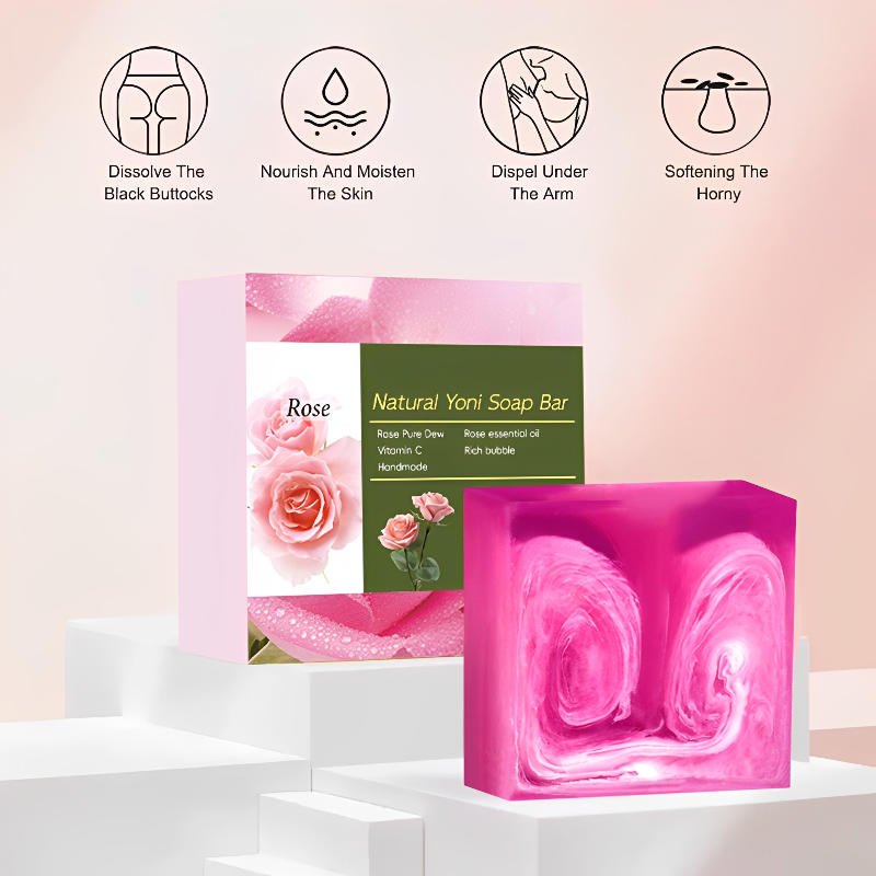 Natural Rose Care Soap bar featuring vibrant pink swirls, highlighting its nourishing ingredients of rose petals and essential oils.