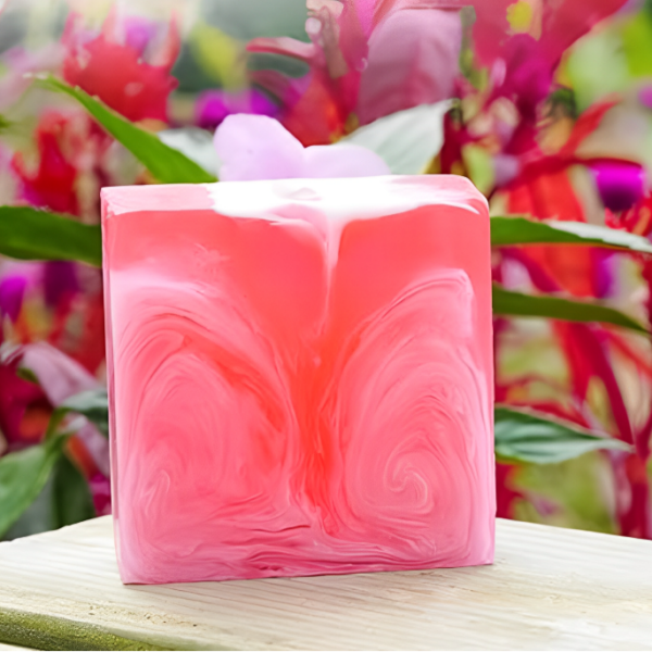 Natural Rose Care Soap bar featuring vibrant pink swirls, highlighting its nourishing ingredients of rose petals and essential oils.