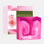 "Natural Rose Care Soap bar featuring vibrant pink swirls, highlighting its nourishing ingredients of rose petals and essential oils."