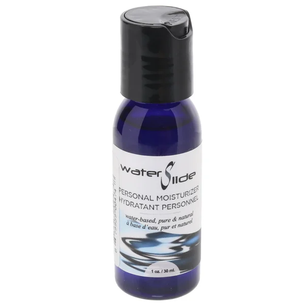 Bottle of Water Slide Personal Lube (1oz) on a soft surface, showcasing its natural formula for smooth, long-lasting glide in intimate moments.