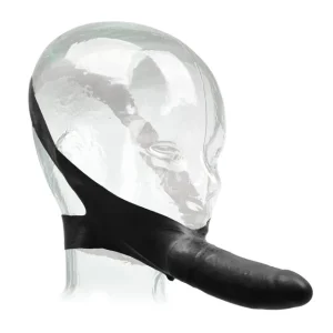 TPE strap-on face accessory displayed on a clear mannequin head, featuring a flexible structure and a realistic design.