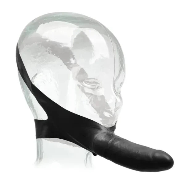 TPE strap-on face accessory displayed on a clear mannequin head, featuring a flexible structure and a realistic design.