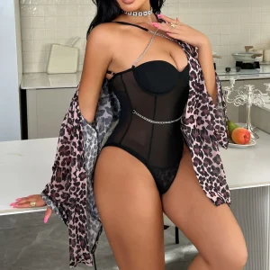 Leopard Print Robe and Black Mesh Bodysuit Set Front View – Sexy Lingerie Jamaica Aura Viibe
