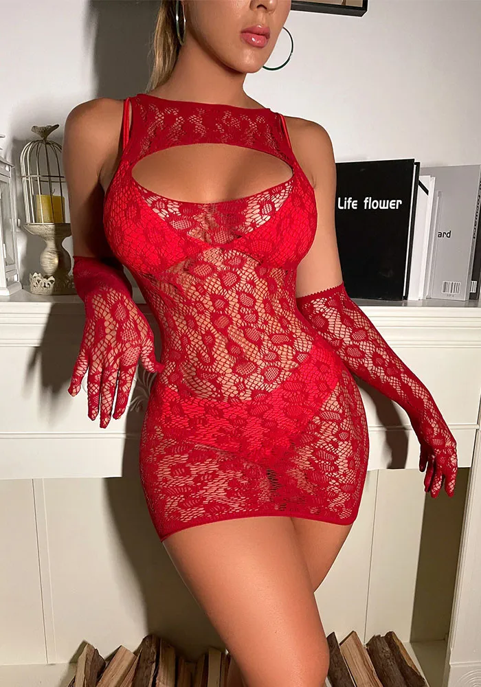 Front view showing the stretchy fishnet bodycon dress with gloves, highlighting the see-through design and flattering fit. Ideal for Portmore Mall lingerie shoppers. See-Through Bodycon Lingerie with Gloves – Free Size – Buy in Portmore Mall, Jamaica