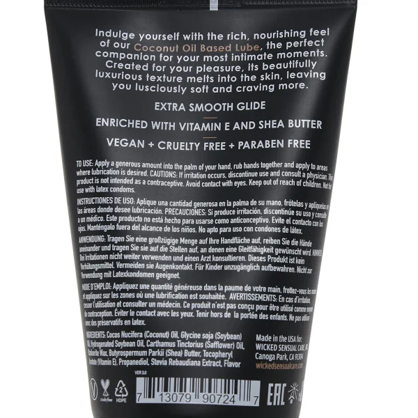 Back view of Wicked Coconut Oil Based Lube with ingredients