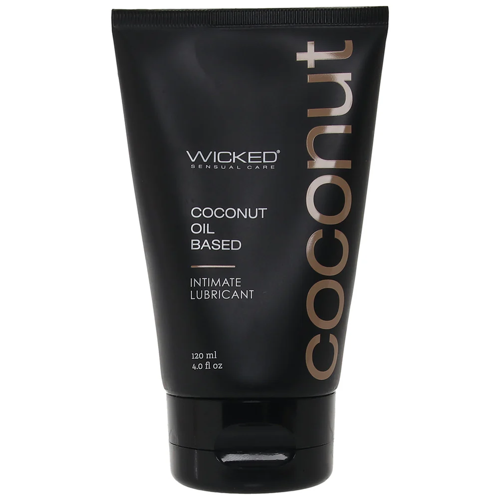A clear view of the Wicked Coconut Oil Based Lube jar, showcasing its vibrant packaging and enticing label. Front view of Wicked Coconut Oil Based Lube in a jar