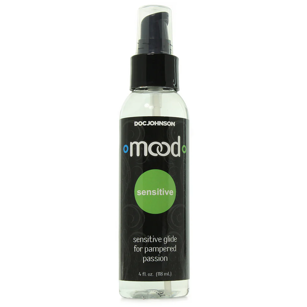 Front view of Mood Sensitive Lube 4oz (113g), a water-based lubricant for delicate skin. It provides smooth glide and gentle sensation. Condom safe, paraben-free, and compatible with most sex toys. Available at Aura Viibe in Portmore Mall with discreet island-wide shipping. Mood Sensitive Lube 4oz water based lubricant Jamaica Portmore Mall