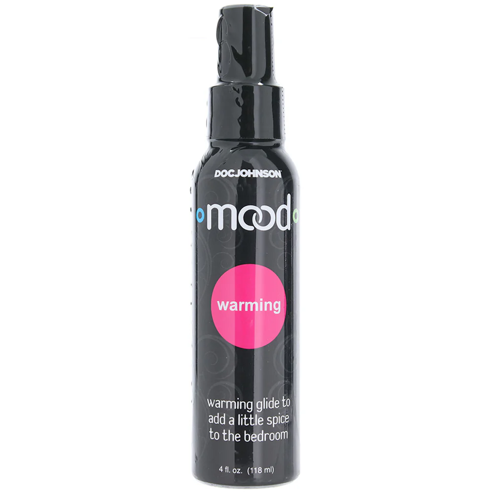 Front view of Mood Warming Lube 4oz (113g), a water-based lubricant that adds gentle warming sensation. Smooth, slippery glide enhances intimacy. Condom safe, paraben-free, and compatible with most toy materials. Available at Aura Viibe in Portmore Mall with discreet island-wide shipping. Mood Warming Lube 4oz water-based warming lubricant Jamaica Portmore Mall