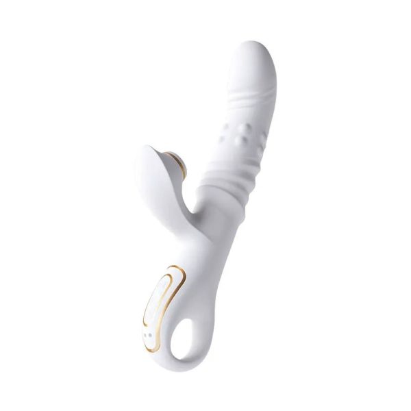 Close-up view of Princess Bloom rabbit vibrator with thrusting beads and heating function