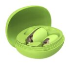 Bright lime‑green wireless earbuds resting in an open charging case, symbolizing vibrant Jamaican energy and modern self‑care