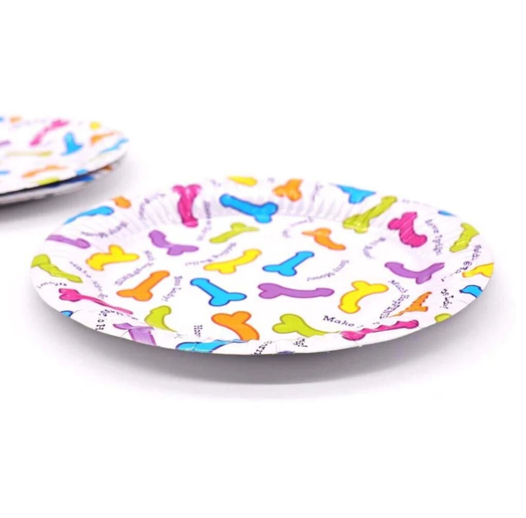 Round paper plates with bright multicolor patterns featuring playful shapes on a white background.
