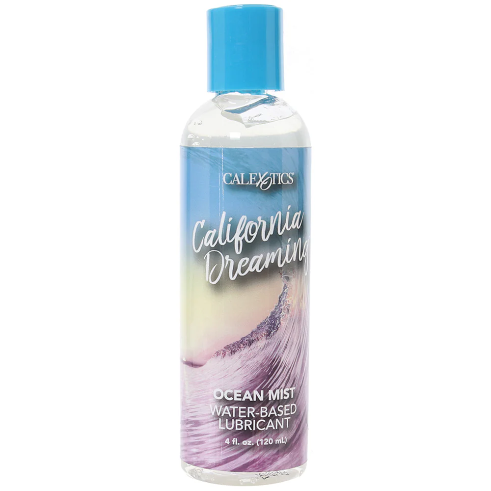 "California Dreamin' Ocean Mist Water-Based Lubricant bottle on a soft blue background."