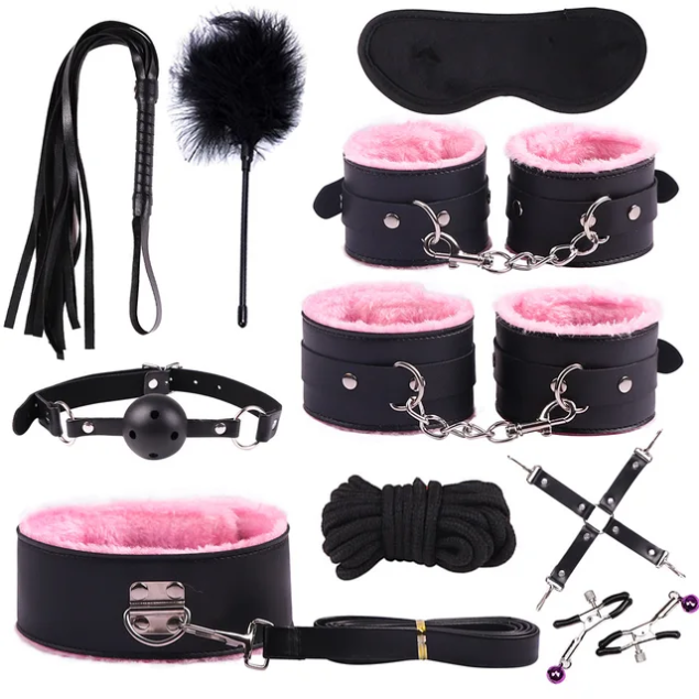 Pink and black 10-piece bondage set with cuffs, blindfold, collar, gag, flogger and accessories