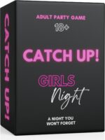 Adult party card game box showing Catch Up Girls Night Jamaica edition, 120 cards, 3+ players, ages 18+, gift‑ready box.