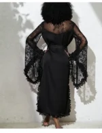 Black Lace Robe Jamaica back view - sheer lace shoulders and tie belt